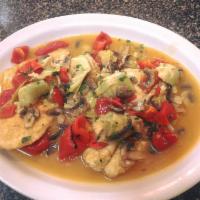 Chicken ala Tuscany Dinner · Fresh chicken with roasted peppers, mushrooms, artichokes in oil and garlic with a tuch of m...
