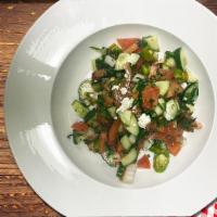 Shepherd Salad · Chunks of tomato, cucumber, feta cheese; tossed with sliced onion, fresh dill, olive oil, an...