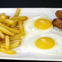 10. Huevos con Salchichas · Eggs with Sausage. Served with fries and coffee with milk and bread with butter.