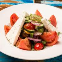 Greek Salad · Tomatoes, Cucumber, Peppers, Onion, Greek Feta, Kalamata Olives, Extra Virgin Olive Oil and ...