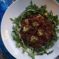 Quinoa Salad · Red Quinoa, Diced Avocado, Pomegranata Seeds, Lemon/Lime Juice, Over a Bed of Baby Arugula