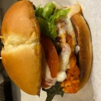 Buffalo Chicken Sandwich · On our Brioche Bun with all white chicken breaded patty dipped in Buffalo Sauce with Blue Ch...