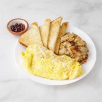 Cheese Omelette · Served with potatoes and  toast .