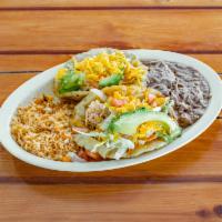 3. Puffy Taco Plate · 2 corn puffy tacos, your choice of beef or chicken with lettuce, tomato, and avocado served ...