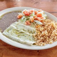  14. Enchiladas Verdes Plate · 3 enchiladas topped with tomatillo saused and melted Monterrey cheese  served , rice, beans,...