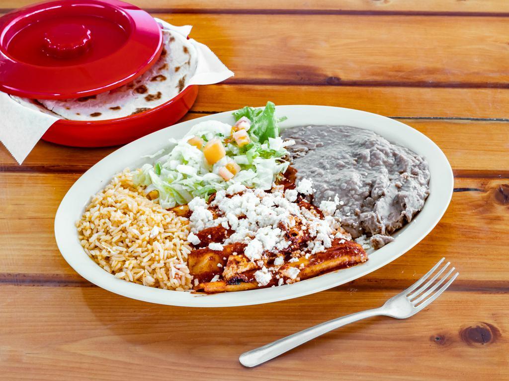 15. Enchilada Callejera Plate · Three cheese enchiladas covered with a guajillo sauce served with salad, beans, rice and two tortillas of your choice. FREE SOPAPILLA