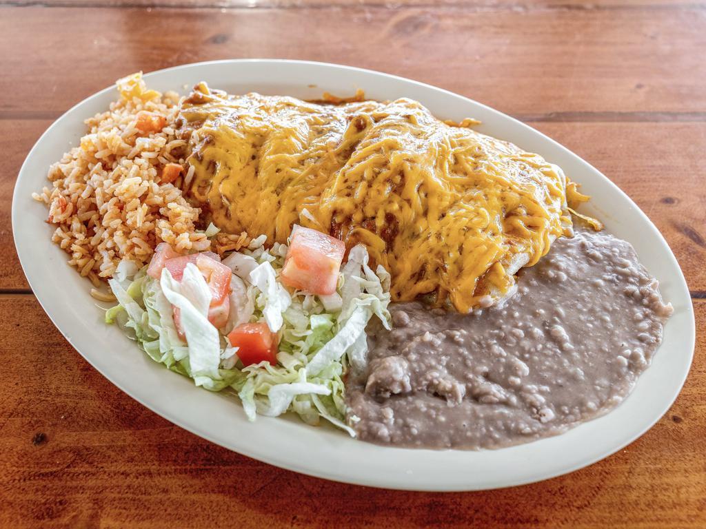 18. Burrito Jalisco Plate · Flour tortilla filled with beans, choice of beef or chicken wrapped and topped with gravy and cheese served with beans, rice, and salad. FREE SOPAPILLA