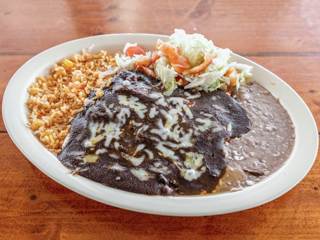 19. Enchiladas de Mole plate · With rice, beans, salad and two tortillas of your choice.