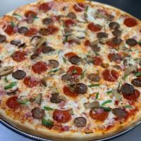 Super Supreme Pizza · Pepperoni, sausages, ham, onion, green peppers, marinated mushrooms and mozzarella cheese.