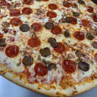 Meat Supreme Pizza · Pepperoni, sausages, ham, ground beef, bacon and mozzarella cheese.