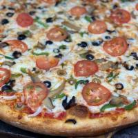 Veggie Supreme Pizza · Onion, tomato, green peppers, marinated mushrooms, black olives, green olives and mozzarella...