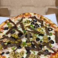 Mediterranean Pizza · Beef gyro, onion, tomato, green peppers, black and green olives and mozzarella cheese.