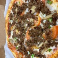 Super Philly Pizza · Steak or marinated chicken, onion, tomato, green pepper,
marinated mushrooms and mozzarella...