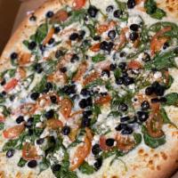 New Jersey White Pizza · Spinach, tomato, black olives, garlic, feta cheese and mozzarella cheese.