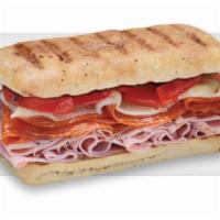 Sicilian Sub · Slow-cured ham, prosciuttini, pepperoni, provolone with roasted red peppers and creamy Itali...