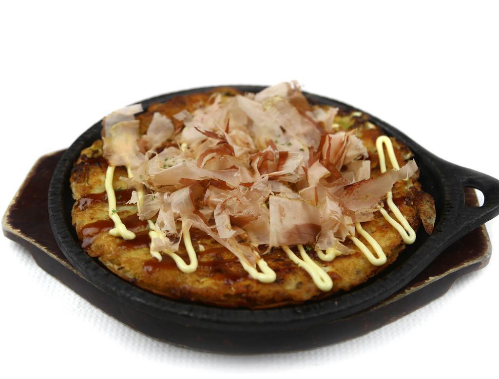 Kimchi Cheese Okonomiyaki · Kimchi, cheese, cabbage, assorted seafoods and bonito flakes.