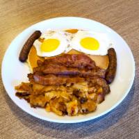 Big Breakfast · 2 pancakes, 2 eggs, 2 bacon and 2 sausage served with potatoes and toast.
