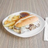 French Dip Sandwich  · Shaved London Broll with Swiss cheese and au jus.