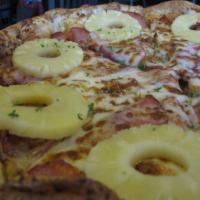 Don Ho Pizza · Canadian bacon & juicy, all-natural pineapple rings on a sea of cheese.