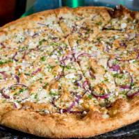 No Kiss Tonight Pizza · Garlic chicken, red onions & feta cheese atop our Alfredo sauce base.