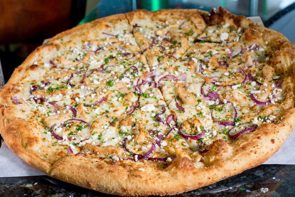 No Kiss Tonight Pizza · Garlic chicken, red onions & feta cheese atop our Alfredo sauce base.