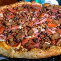 Sch'meat'za Pizza · Canadian bacon, crumbled Italian sausage, genoa salami, pepperoni, ground beef, bacon & slic...