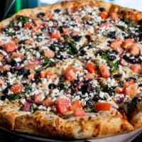 Greek Pizza · Fresh spinach, roma tomatoes, red onions, black olives, garlic & feta cheese.