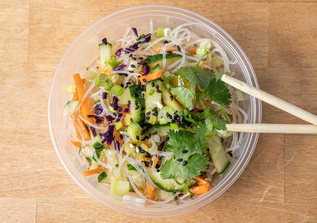 Cucumber Salad  · Regular. A refreshing mix of sliced cucumber with carrots and rice noodles tossed in black vinegar or garlic or chili or soy sauce, garnished with cilantro, and toasted sesame seeds.
