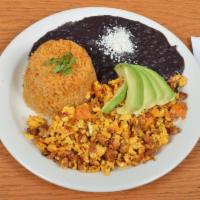 Chorizo con Huevo Breakfast · Served with Mexican Rice & Black Beans