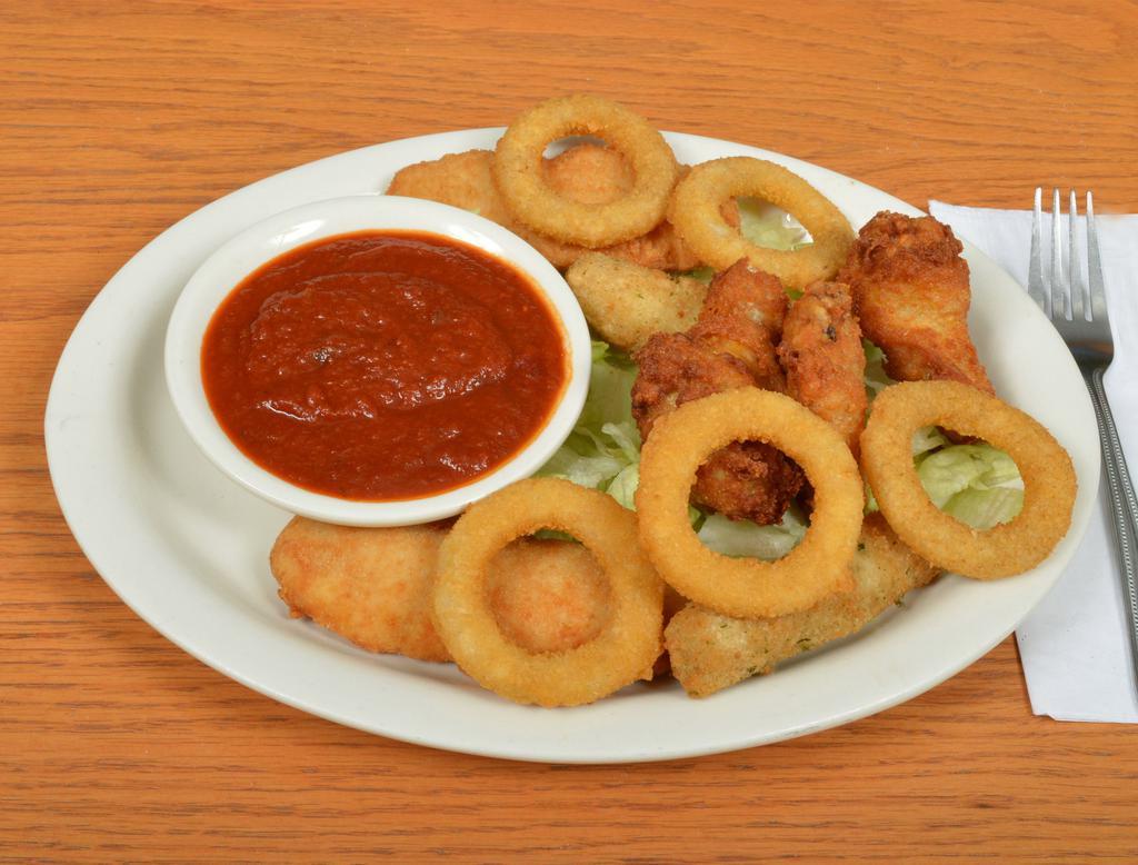 Webster Finger Combo · Chicken fingers, buffalo wings, mozzarella sticks and onion rings.
