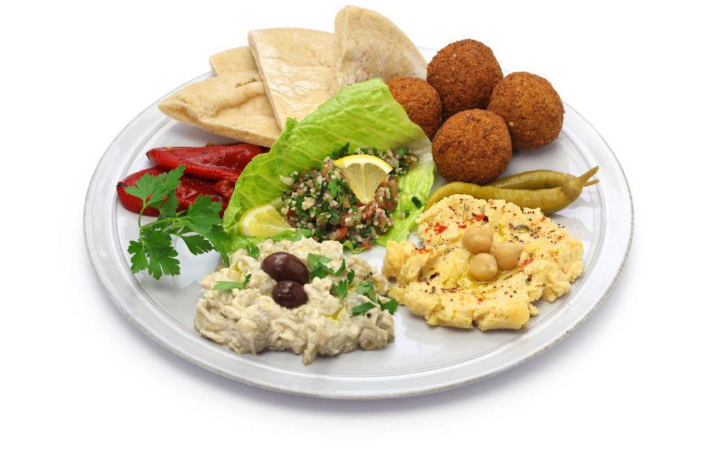 Mixed Veggies Platter · Hummus, baba ghanoush, falafel, fries, salad, and pita.