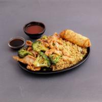 C14. Chicken with Broccoli Combination Plate · Served with egg roll and pork fried rice.