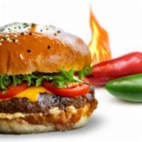 Fire Dr. Burger · Beef patty, iceberg lettuce, beefsteak tomato, caramelized onion, jalapeno pepper, pickles, ...