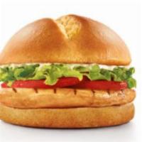 Grilled Chicken Burger · Grilled chicken cutlet, iceberg lettuce, breakfast tomato, Spanish onion, pickles, and ketch...