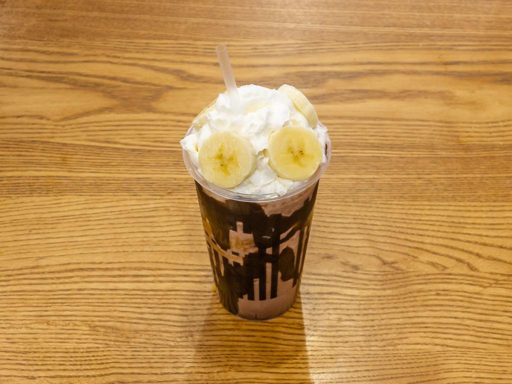 Chocolate Banana Milkshake · Chocolate ice cream, milk, chocolate syrup, banana.