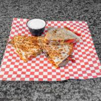 Chicken Quesadilla · Juicy grilled marinated chicken with cheddar cheese, Jack cheese, salsa and sour cream.