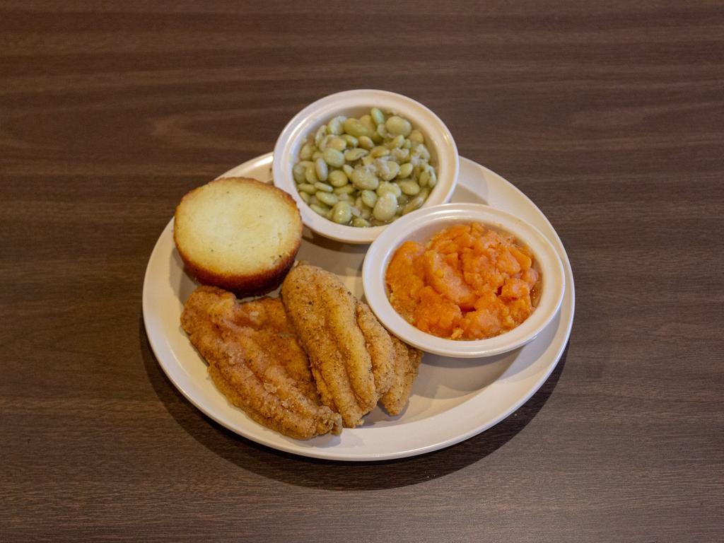 Fried Catfish Dinner · Fried farm-raised catfish. Served with choice of 2 sides. Please specify whole catfish (with bones) or filet catfish (without bones).