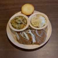 Beef Hamburger Steak with Onions Gravy · Served with choice of 2 sides.