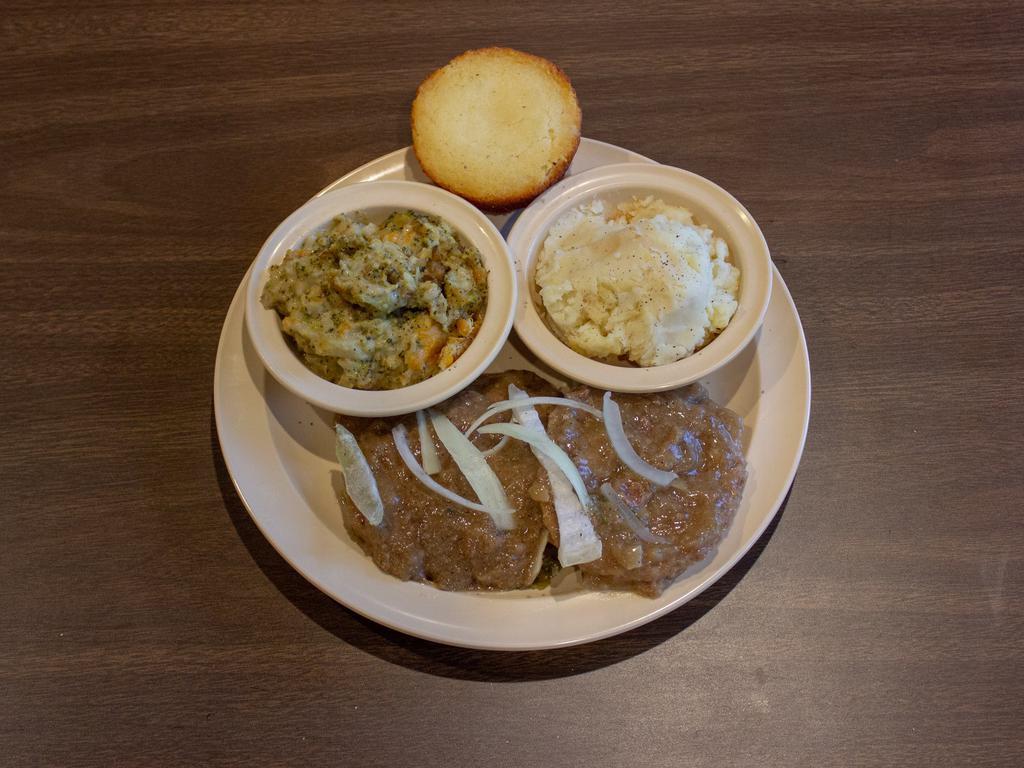 Beef Hamburger Steak with Onions Gravy · Served with choice of 2 sides.