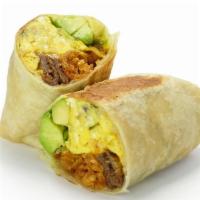 Steak Breakfast Burrito · Carne asada, eggs, cheddar cheese, tater tots, avocado, pico de gallo, and scallions.