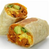 Chorizo Breakfast Burrito · Chorizo, eggs, cheddar cheese, tater tots, avocado, pico de gallo, and scallions.