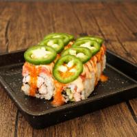 Super Fire Roll · Crab and cucumber topped with spicy tuna, special spicy sauce, and jalapeno.