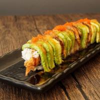 DJ Roll · Shrimp tempura and cream cheese topped with avocado, eel, masago, and special sauce.