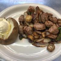 12 Ounce Sirloin Tips · 12 ozs of tender and tasty tips served with sauteed onions & mushrooms.  Includes your choic...
