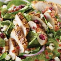 Grilled Chicken Spinach Salad  · Grilled chicken, bacon, spinach, red onions, grape tomatoes, candied pecans, dried cranberri...
