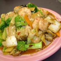Mixed Vegetable Stir-Fried · Your choice of meat stir-fried with fresh Chinese mixed vegetables in brown sauce. Served wi...