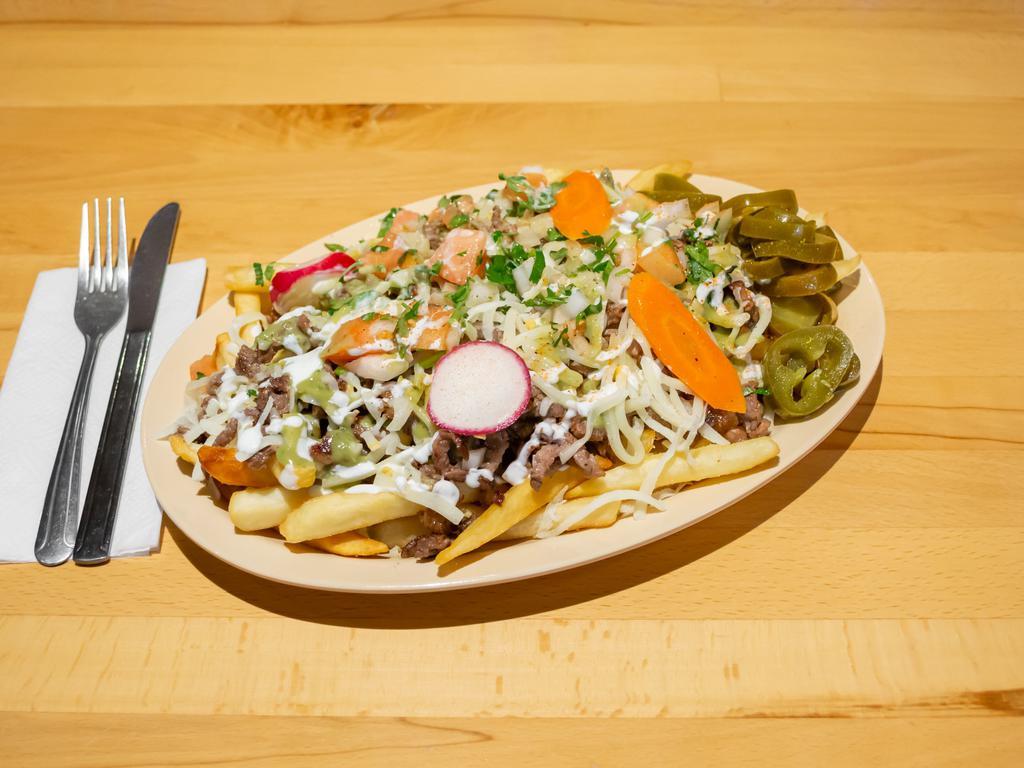 18. Asada Fries · French fries with any meat cheese Pico de gallo sour cream guacamole sauce and jalapeno s