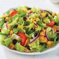 Regular Garden Salad · Fresh-cut lettuce blend, cheddar cheese, black olives, red onions, green peppers, sliced tom...