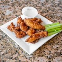 Boneless Chicken Wings · 6 pieces. Mild, hot, turbo, sweet and spicy or honey BBQ. Served with blue cheese and celery.