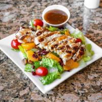 Mandarin Salad · Marinared fresh grilled chicken, cherry tomatoes, mandarin. Oranges, toasted sesame seeds, c...